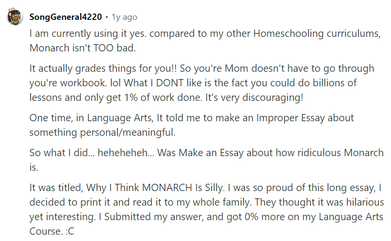Monarch homeschool parent by a parent on Reddit